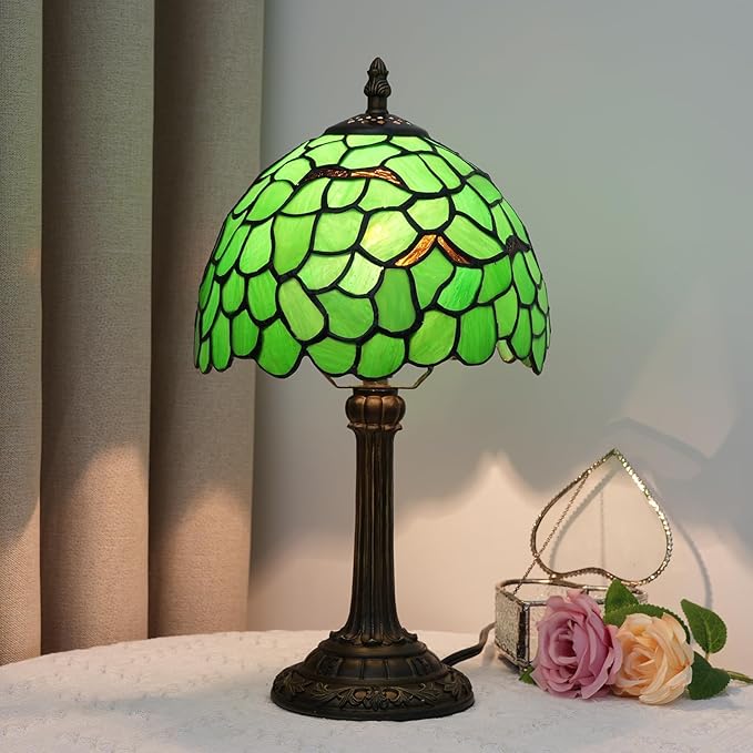 Tiffany Lamp Stained Glass Table Lamp 8X8X14 Inches Desk Reading Light Decor Beside Bedroom Living Room Home (H-1056- Green Leaf)