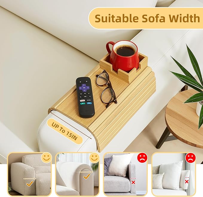 Bamboo Couch Cup Holder & Armrest Tray - Extend Your Comfort with a Secure Drink Slot and Snack Space for Recliner, Loveseat, or Sofa (Extra Large)