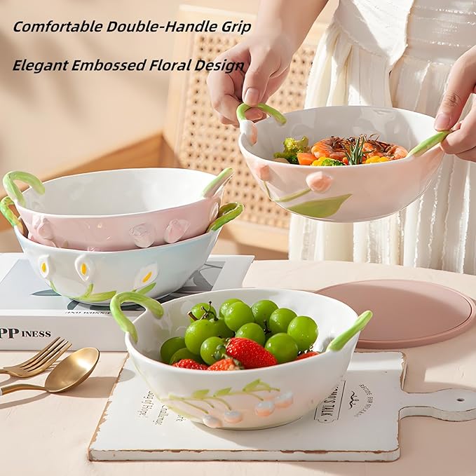 Ceramic Fruit Bowl with Handles, 3D Hand-Painted Lutip Floral Design Serving Bowl for Soup, Pasta, Salad and Snacks, 24oz, Microwave & Dishwasher Safe