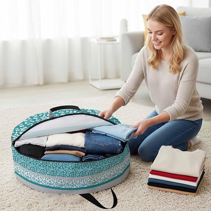 Storage Bag Turquoise Grey Leaves Round Storage Totes Bins Closet Organizers with Zippers & Handle Stitching Stripes Clothes Storage Container for Bedroom Dorm Space Saving Packing Supplies Bags