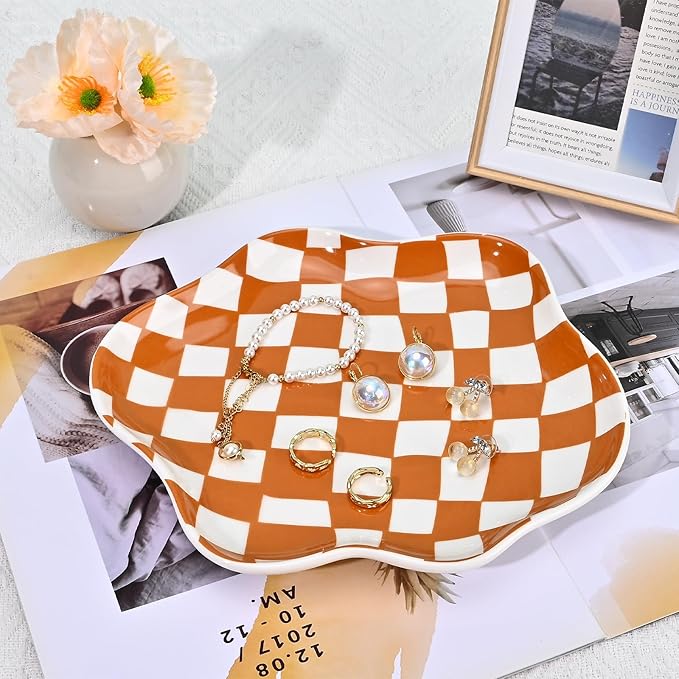 Koythin Jewelry Tray, Ceramic Jewelry Dish Trinket Tray Organizer, Checkered Pattern Aesthetic Decorative for Kitchen, Bathroom, Birthday Gift (Brown Plaid)