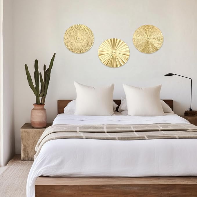 HOFURME 3 Pcs Gold Wall Art Decor, Gold Metal Wall Decor Starburst Round Wall-Hangings for Living Room, Bedroom & Office - Modern Golden Wall-Accents (9.64", 9.64", 9.84", Iron)
