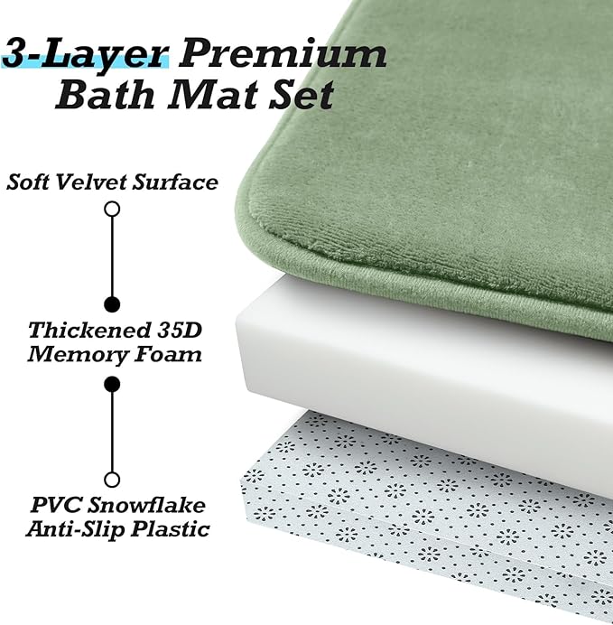 HUXMEYSON Bathroom Rugs Sets 3 Piece, Non-Slip & Quick Dry Bath Mat Set, Ultra Soft Velvet Bath Rugs for Bathroom, Toilet and Shower Floor, Grey Green