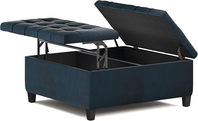 SIMPLIHOME Harrison Coffee Table Storage Ottoman - 36 inch Wide Upholstered Vegan Leather Square Lift-Top Ottoman in Distressed Dark Blue, Transitional Ottoman for Living Room with Hidden Storage
