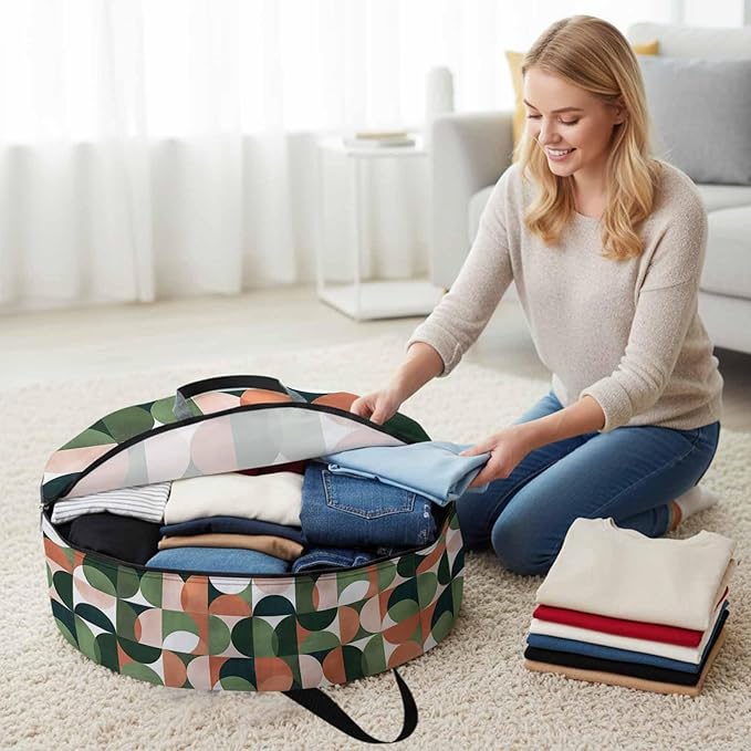 Storage Bag Mid Century Geometric Round Storage Totes Bins Closet Organizers with Zippers & Handle Abstract Modern Green Orange Clothes Storage Container for Bedroom Dorm Space Saving Packing Supplies