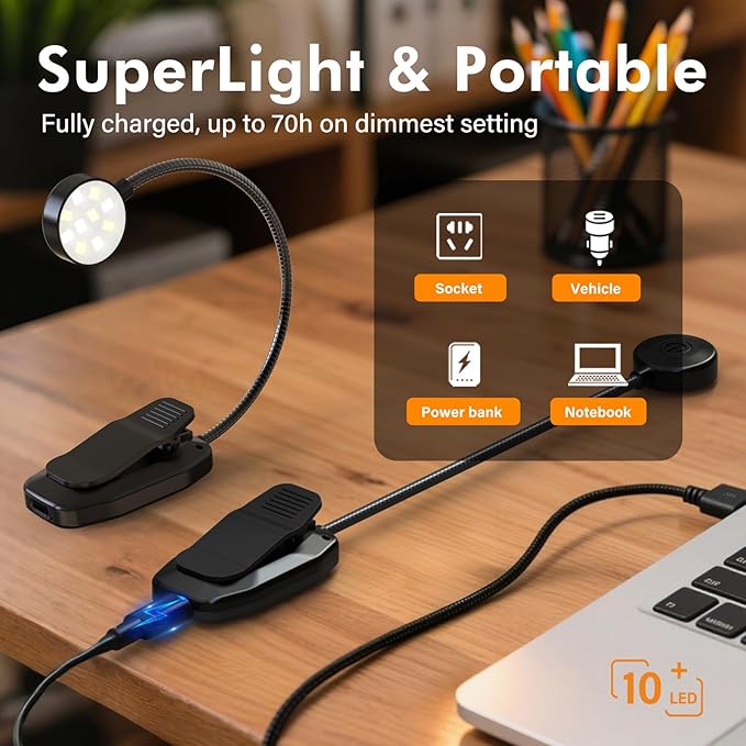 KTEBO 2 Pack 10 LED Rechargeable Book Light for Reading in Bed - Eye Caring 3 Color Temperatures, 3 Adjustable Brightness, Long Runtime Small Lightweight Clip On Book Reading Light for Studying