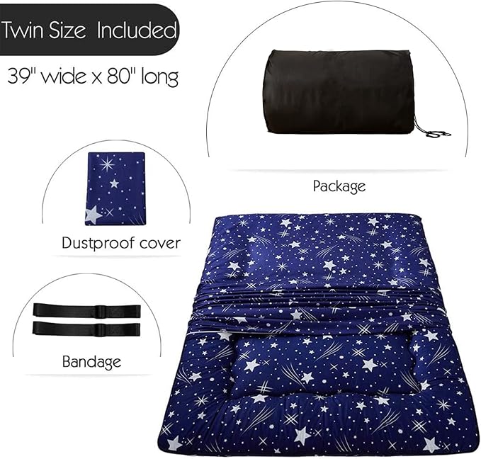 MAXYOYO Navy Starry Sky Japanese Futon Mattress, Tatami Mat Portable Camping Mattress, Kids Sleeping Pad, Foldable Roll Up Floor Lounger Couch, Twin Size with Cover