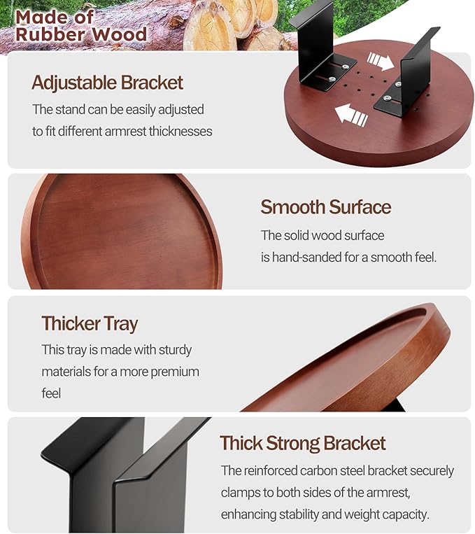 2 Pack Sofa Arm Tray,11.8“ Adjustable Natural Wood Couch Arm Trays Tables with Phone Holder,More Anti-Slip Clip On Chair Table Tray,Round Couch Armrest Cup Holder for Drinks Snack Eating