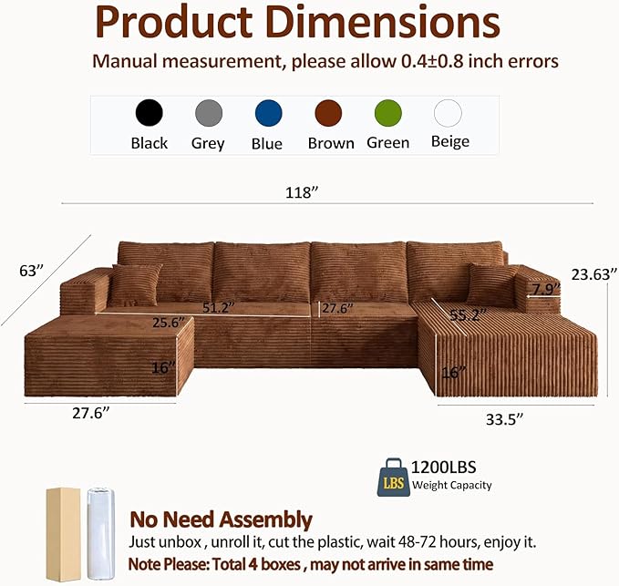 118" Sectional Sofa, Boneless Compressed Sofa in a Box, U-Shaped Cloud Couch with Deep Seats & Chaise for Living Room, No Assembly Required (Orange, 118" U-Shape with Left Facing Chiase) | Boneless Compressed, Sofa in a Box, Cloud Couch, Deep Seats, No...