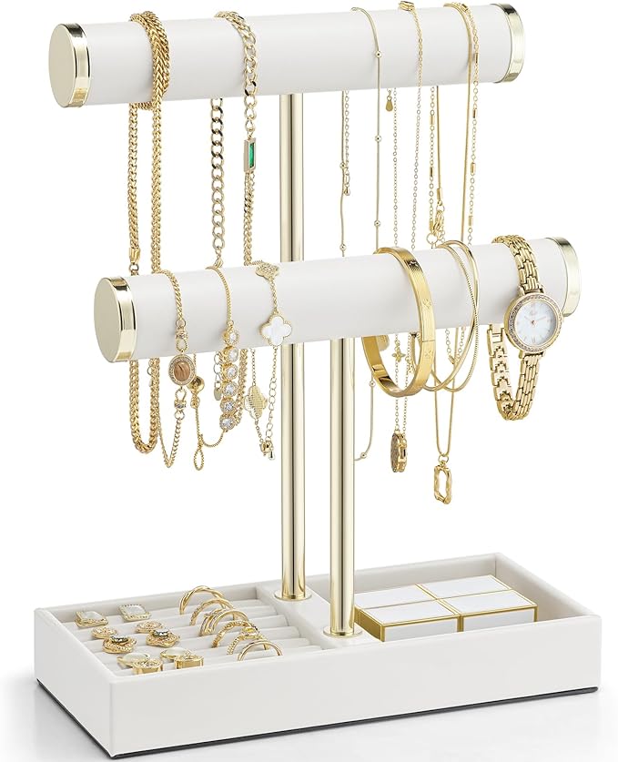 VLANDO 2 Tier Bracelet Holder with Tray - Mothers Day Mom Gifts Leather Jewelry Stand Organizer for Women - Necklace Holder Display for Necklace, Watches, Rings, Earrings, Bangle, Scrunchie - White