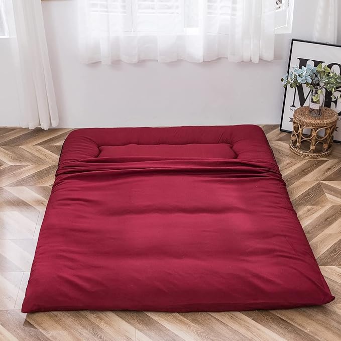 MAXYOYO Japanese Floor Futon Mattress - Thicken Sleeping Pad, Foldable Roll Up Mattress Topper, Guest Floor Couch Mat, Burgundy, Queen