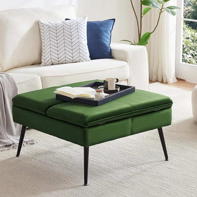 Square Ottoman with Storage, Large Oversized Ottoman Coffee Table, Double Flipping Lid & Mid-Century Modern & Velvet Style, Loads 660 lb, for Living Room, Bedroom, Entryway, Green