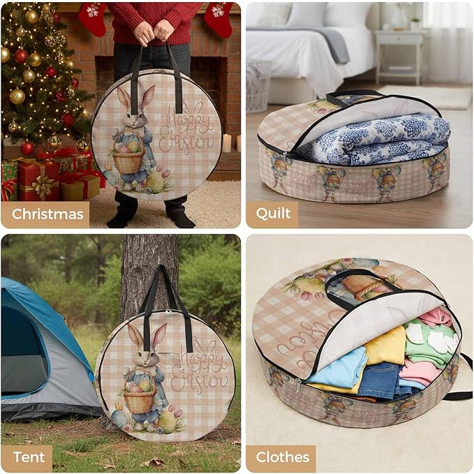 24 Inch Round Storage Bag 1 Pack,Easter Cartoon Rabbit Eggs Basket Waterproof Wreath Storage Container with Handles&Zipper Flower Orange Grid on Linen Closet Organizer Bags Garland Box