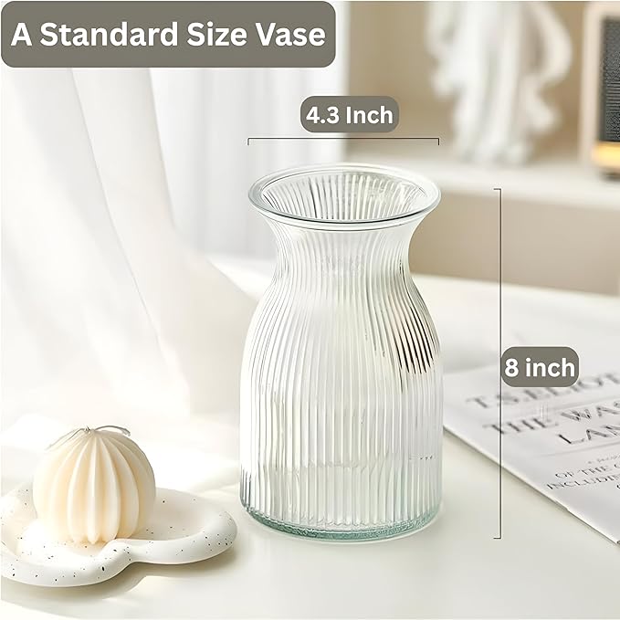New 2026 Design Ribbed Glass Vase Wide - 8 Inch Tall Ribbed Vase for Wedding Reception, Home Decor, Housewarming Gift (Clear) Decorative Flower Vases - Bud Vase for Centerpieces Cylinder Vases
