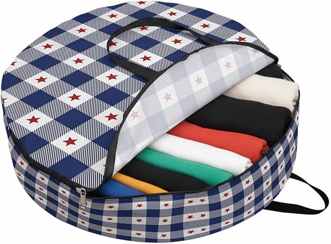 Independence Day Round Storage Bag 36 Inch, Patriotic Star Plaid Blue White Clothes Storage Container with Handles Heavy Duty Organizer for Comforter, Bedding & Holiday Wreaths