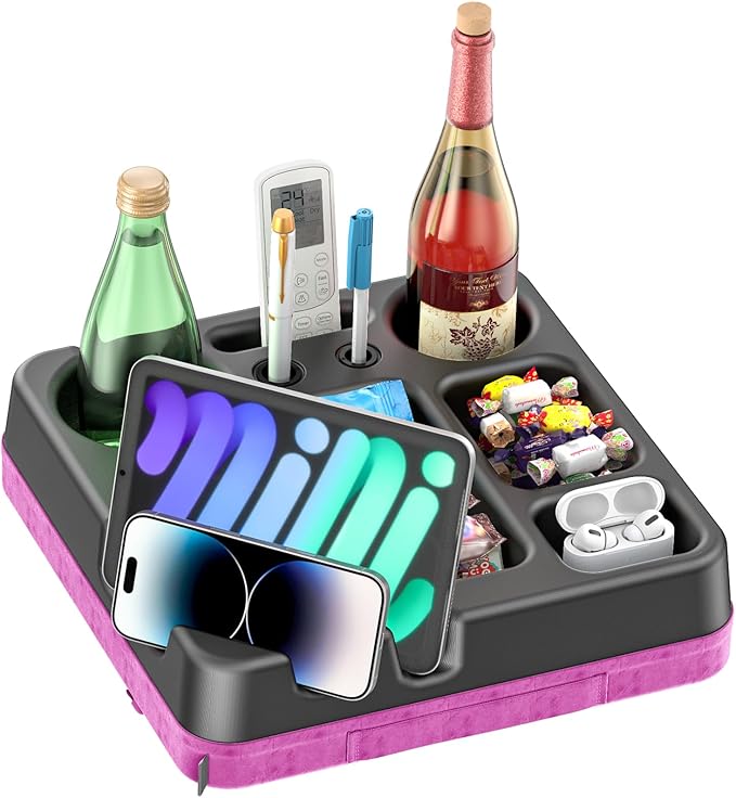 Couch Cup Holder Tray Couch Cup Holder Pillow Bed Tray Snack Sofa Bed Caddy Organizer Beach Sofa Drink Holder Anti-Spill Portable Snack Caddy Couch Remote Holder for Phone Pad Kindle Beverage Purple