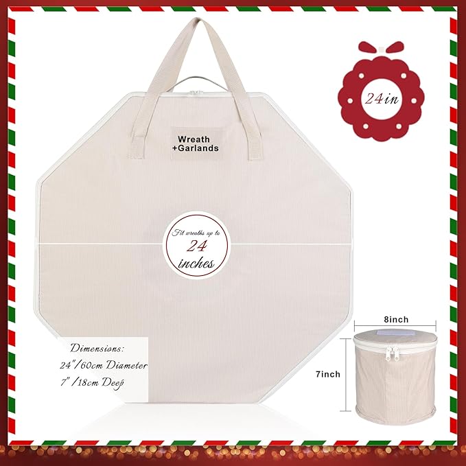 BrilliantJo Wreath Storage Hard Shell Christmas Decorations Case Bag with Interior Pockets 600D Oxford Fabric 24 Inch Xmas Container Box for Holiday Zipper and Handles Labeling Card Slot Houndstooth