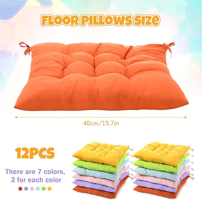 Geetery 12 Pcs Floor Pillows Bulk Seating Cushions for Floor Chair 15.7'' Large Meditation Cushion for Yoga Living Room Tatami Bedroom Balcony Office (Candy Color,Square)