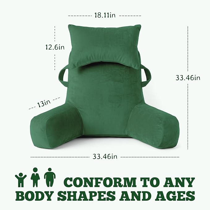 Unisakey Portable Reading Pillows with Headrest for Bed Sitting Up(Green Oeko-Tex), Velvet Back Pillow with Arms & Pockets for Adults, Support Memory Foam Bed Pillow for Dorm/Reading/Watching/Gaming