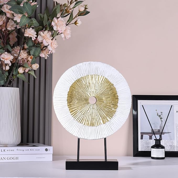12" Tall Abstract White Gold Round Sculpture - Unique Home Decoration for Above Cupboard Decor, Living Room Coffee Table, Console, Office, Entrance, Table Centerpieces (White Gold)