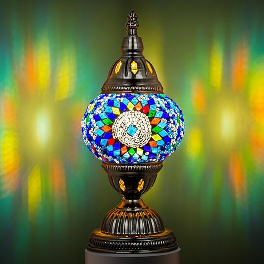 Marrakech Turkish Table Lamp with Bronze Base，Handmade Blue Moroccan Tiffany Style Mosaic Glass Night Stand Light Fixture Including LED Bulb for Living Room Bedroom Decor (Blue)