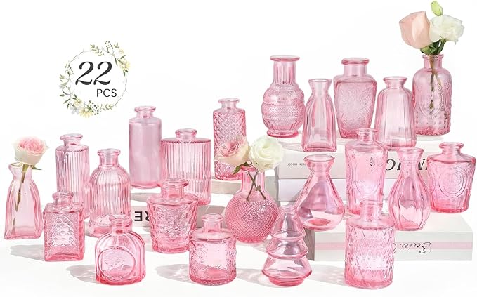 RUCKAE 22 Pack Pink Small Vases Glass Mini Bud Vase in Bulk Vintage Pink Flower Vases for Wedding,Centerpieces Home Decor and Party