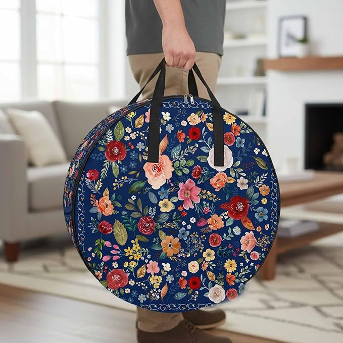 Storage Bag Navy Blue Floral Round Storage Totes Bins Closet Organizers with Zippers & Handle Farmhouse Vintage Flower Clothes Storage Container for Bedroom Dorm Space Saving Packing Supplies Bags