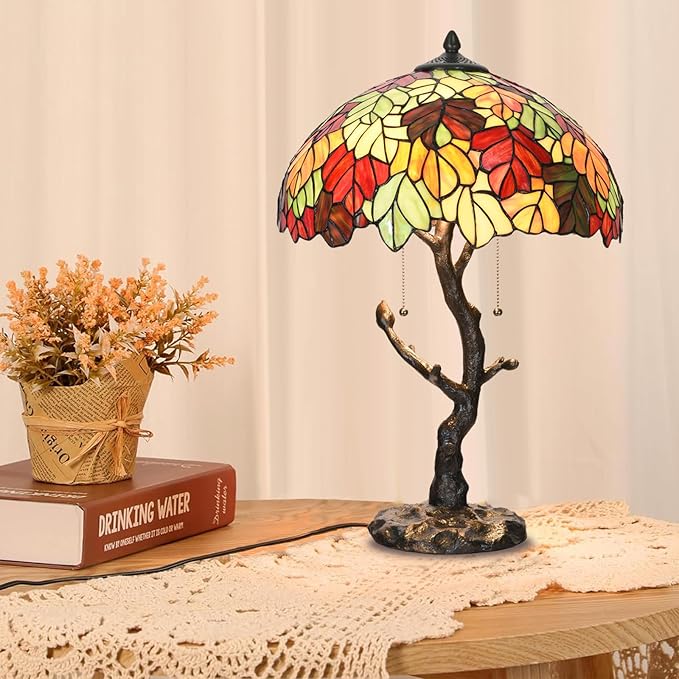 TL0032 Maple Leaves Tiffany Table Lamp Bedside Stained Glass Shade Reading Desk Light 16 x 24.25 Inches for Bedroom Living Room Home Office, LED Bulbs Included