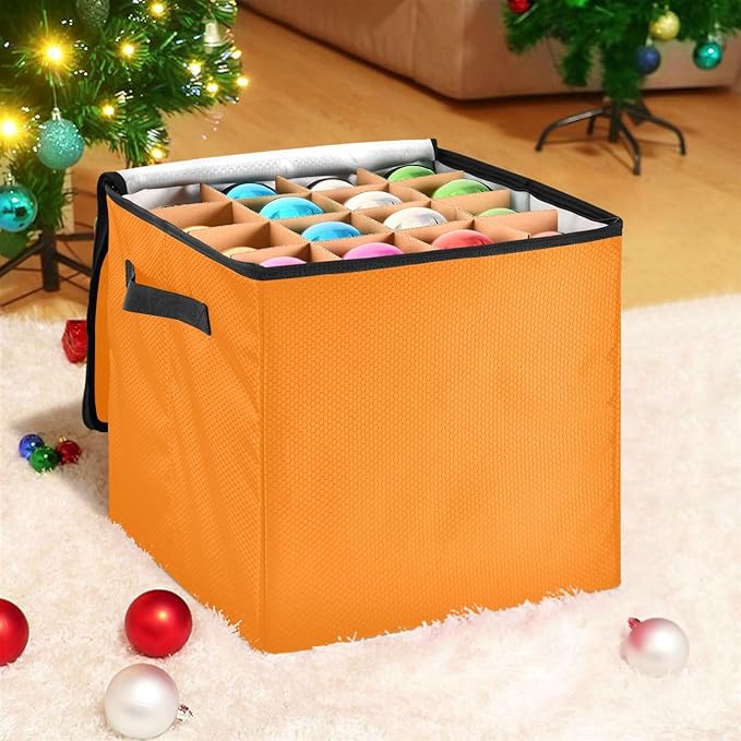 YETTASBIN Orange Solid Color Large Christmas Ornament Storage Box with Zipper & Adjustable Dividers, Storage Container with Lid & Handles for 64 Holiday Ornaments 3-Inch, 13 x 13 Inch