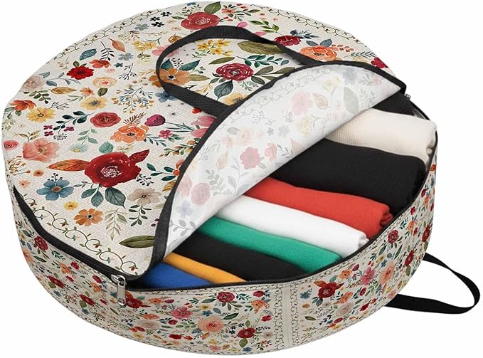 Storage Bag Beige Floral Round Storage Totes Bins Closet Organizers with Zippers & Handle Farmhouse Vintage Flower Clothes Storage Container for Bedroom Dorm Space Saving Packing Supplies Moving Bags