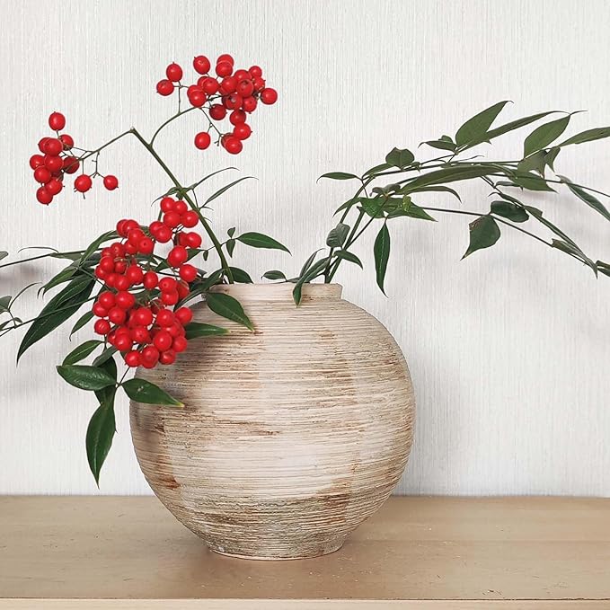 Rustic Ribbed Vase Home Decor - 6 in Ceramic Vintage Farmhouse Vases for Decor, Decorative Terracotta Round Bowl vase for Living Room, Table, Shelf, Kichen Decor