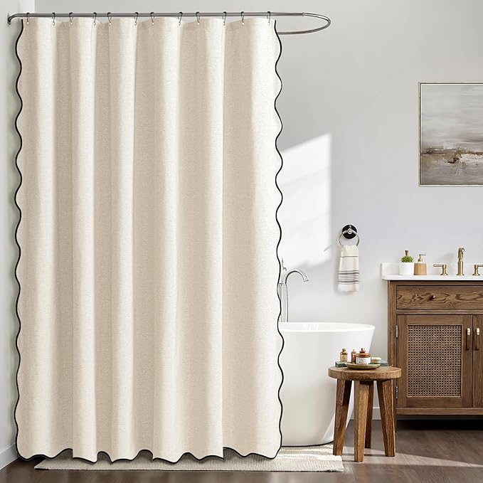 MIULEE 84" Long Scalloped Shower Curtain Linen Textured with 12 Metal Hooks Cute Extra Long Heavy Duty Washable Waterproof Cloth Shower Curtains with Black Border for Bathroom Hotel,Cream White