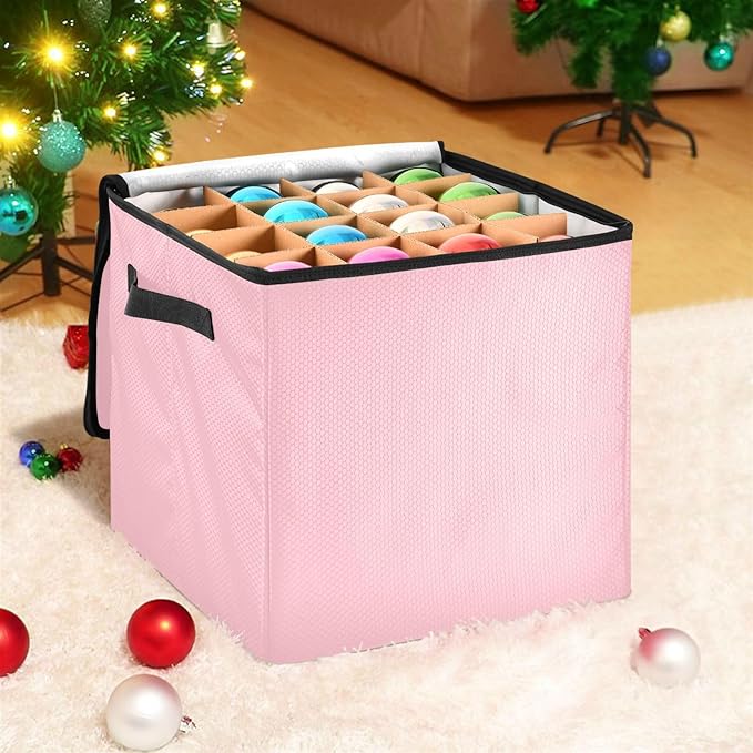 Pink Christmas Ornament Storage Basket Box Holiday Storage Container Cube with Adjustable Dividers for 64 Holiday Ornaments or Decorations Keeps Clean and Dry for Next Season
