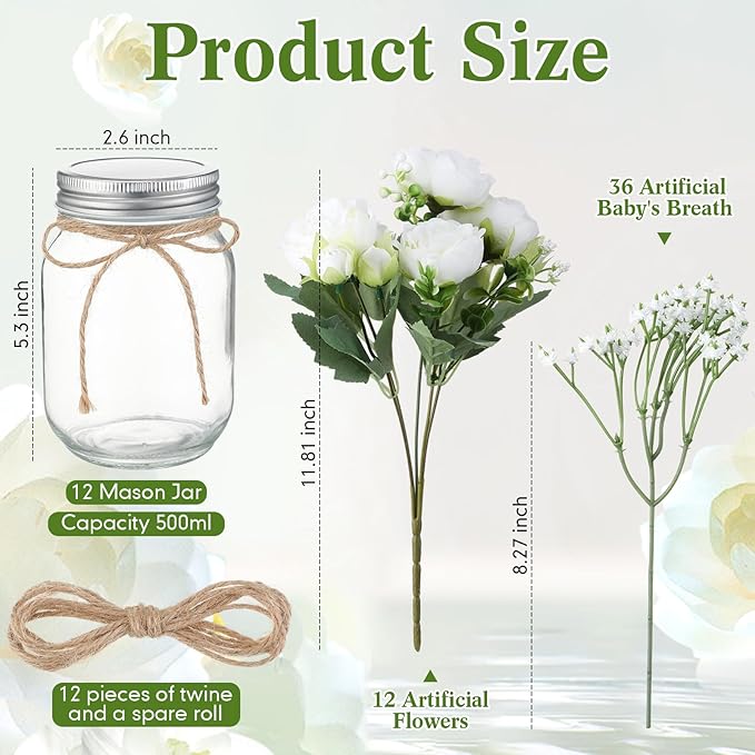 Zeyune 12 Sets Mason Jar Centerpiece Table Decorations, Artificial Peony Baby's Breath Flower Bouquets, Faux Flowers with Vase, Rustic Decor Gifts for Home, Wedding, Holiday (White)