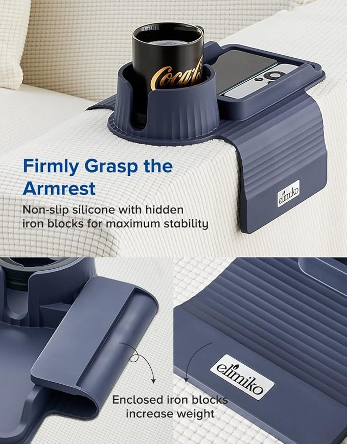 Couch Cup Holder Tray, Elimiko Silicone Sofa Drink Holder with Large Cup Holder and Tray, for Oversized Mugs/Long Remote/Snacks/Cellphone (Navy Blue)