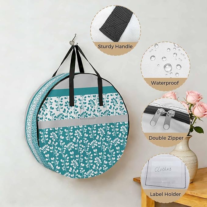 Storage Bag Turquoise Grey Leaves Round Storage Totes Bins Closet Organizers with Zippers & Handle Stitching Stripes Clothes Storage Container for Bedroom Dorm Space Saving Packing Supplies Bags