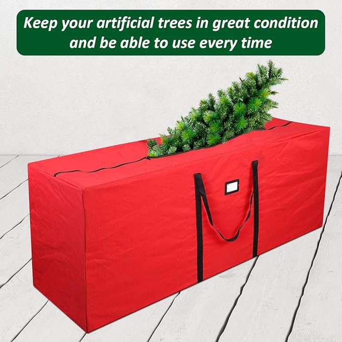 Primode Heavy Duty Christmas Tree Storage Bag | Fits Up to 7-8 Ft. Disassembled Holiday Tree | 50” x 15” x 20” Tree Storage Container | Durable 600D Oxford Material | Xmas Storage Box (Red)