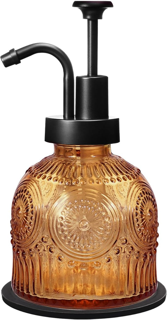 Amolliar 8 Oz Vintage Glass Bathroom Soap Dispensers with Pump, Refillable Kitchen Dish Soap Dispenser with Stripe, Antique Rustic Hand Soap Liquid Bottle (Brown-Black Pump)