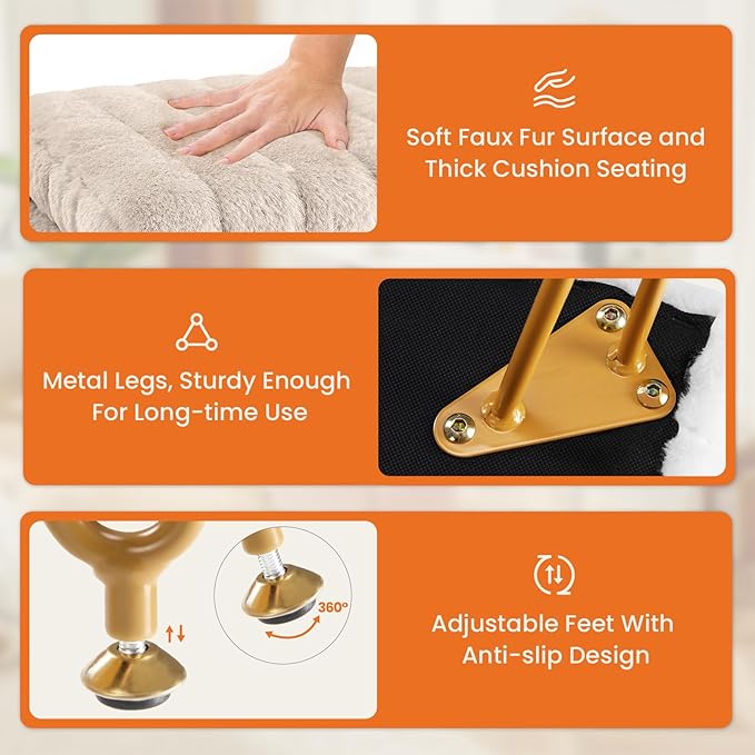 DUMOS Vanity Stool Chair, Ottoman with Storage, Makeup Cute Soft Small Footstool, Modern Style Faux Fur Seat with 4 Metal Legs & Adjustable Feet for Dressing, Living Room Bedroom Dorm, Camel