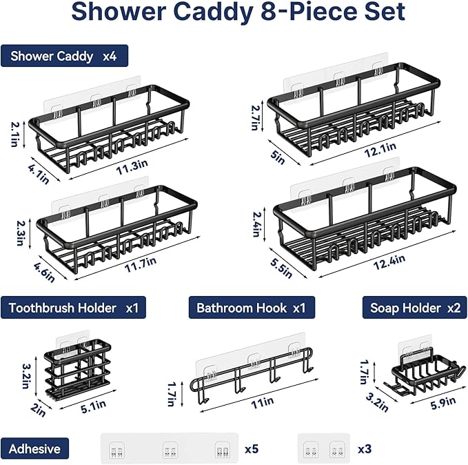 8 Pack Adhesive Rustproof Shower Shelves with Soap Dishes, Toothbrush Holder & Hooks, Large Capacity No-Drilling Shower Shelves Rack for Bathroom Organizers and Storage Accessories, Black