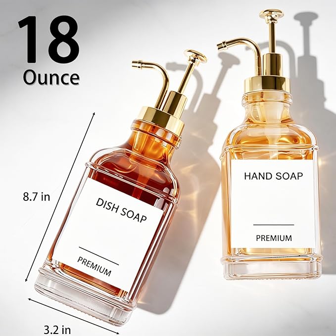 Dish Soap Dispenser for Kitchen, Hand Glass Soap Dispenser Set with Pump, Funnel for Bathroom, Shower, Laundry, Liquid, Lotion (Gold 2 Pack 18 Oz Clear Bottles with 12 Stickers)