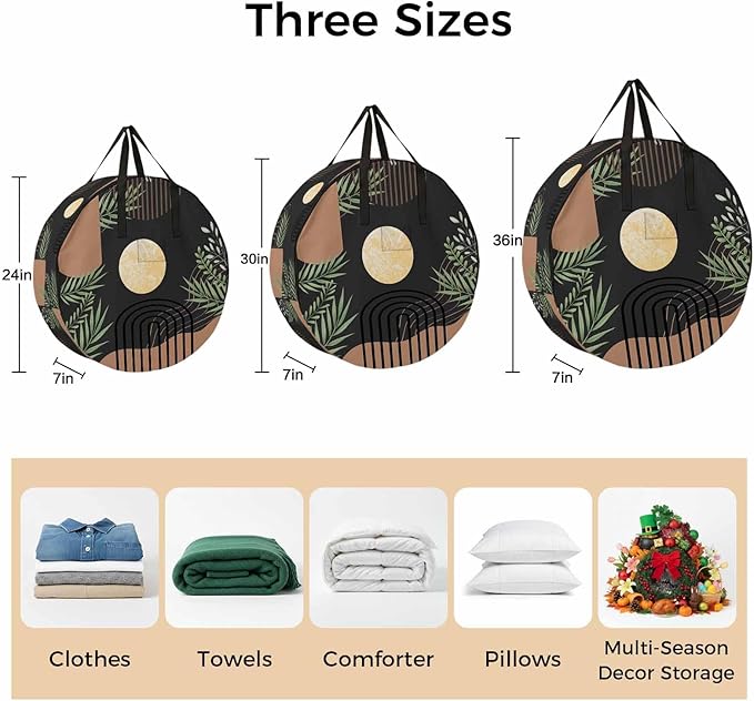 24 Inch Round Storage Bag 2 Pack,Boho Leaf Arch Moon Waterproof Wreath Storage Container with Handles&Zipper Mid Century Vintage Brown Closet Organizer Bags Garland Box