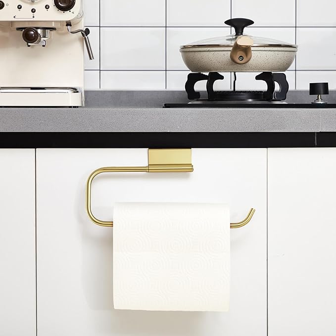 Yaocom 12.4 Inches Cabinet Door Paper Towel Holder Camper Under Sink No Drilling Paper Towel Storage and Dispenser for RV Kitchen Bathroom Laundry Room, Stainless Steel(Gold,2 Pcs)