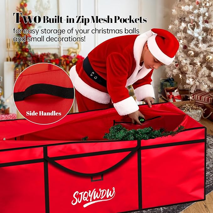 Christmas Tree Storage Bag, 9 Ft Christmas Tree Bag, Reusable Heavy Duty 600D Oxford Cloth, Built-in Double Mesh Bags, Double Zippers for Large Artificial Christmas Tree(65×18×27in, Red)