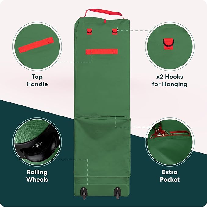 Handy Laundry Christmas Tree Storage Bag with Wheels – Fits 7.5 ft Artificial Tree, Heavy Duty, Large Zippered Holiday Storage Container for Ornaments & Decorations, Durable Handles, Green