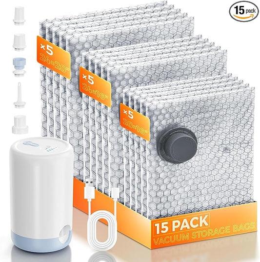 15 Pack Vacuum Storage Bags with Wireless Rechargeable Pump,Vacuum Storage Bags for Clothes, Pillows, Towels, or Blankets - Space Saver Vacuum Sealer Bags Ideal Under Bed Storage Solutions