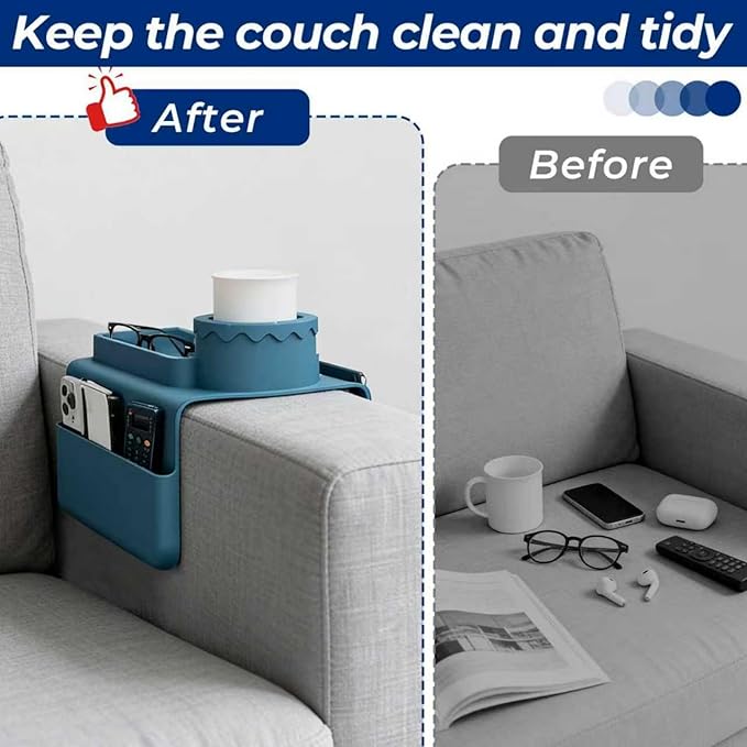 Silicone Couch Cup Holder Tray, 3-Side Sofa Armrest Organizer with Secure Gear-Shaped Locking Holder & Large Tablet Slot, Non-Slip Weighted Armchair Caddy, Couch Accessories (Navy Blue)
