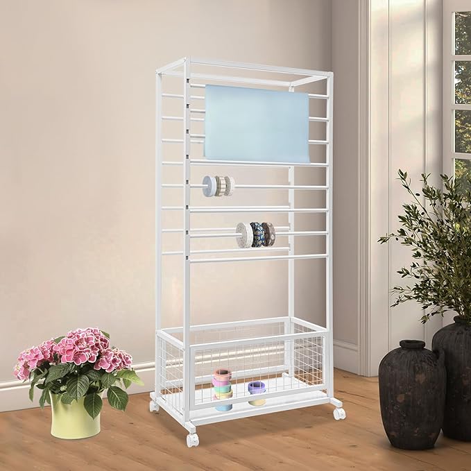16-Layer Floor Standing Ribbon Organizer Rack, 60" Metal Flower Wrapping Paper Storage Stand, Flower Shop Packaging Paper Storage Stand for Home Craft Room Clothing Store, White