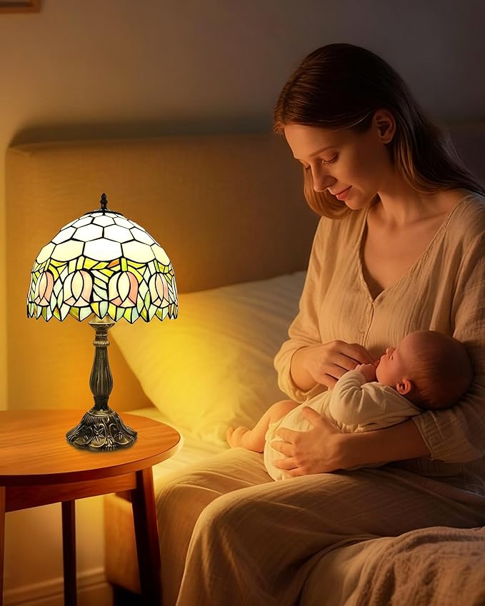 Tiffany Lamp Stained Glass Lamp Pink Tulip Bedroom Table lamp Reading Desk Light for Bedside Living Room Office Dormitory Dining Room Decorate Housewarming Gift 12X12X18 Include Light Bulb