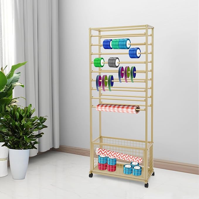 Mobile Ribbon Holder Double-Sided Ribbon Organizer Rack with 20 Hanging Rods Multifunctional Flower Wrapping Paper Storage Stand with Lockable Wheels Wrapping Paper Rack (26.38*12.6*66.93in, Gold)